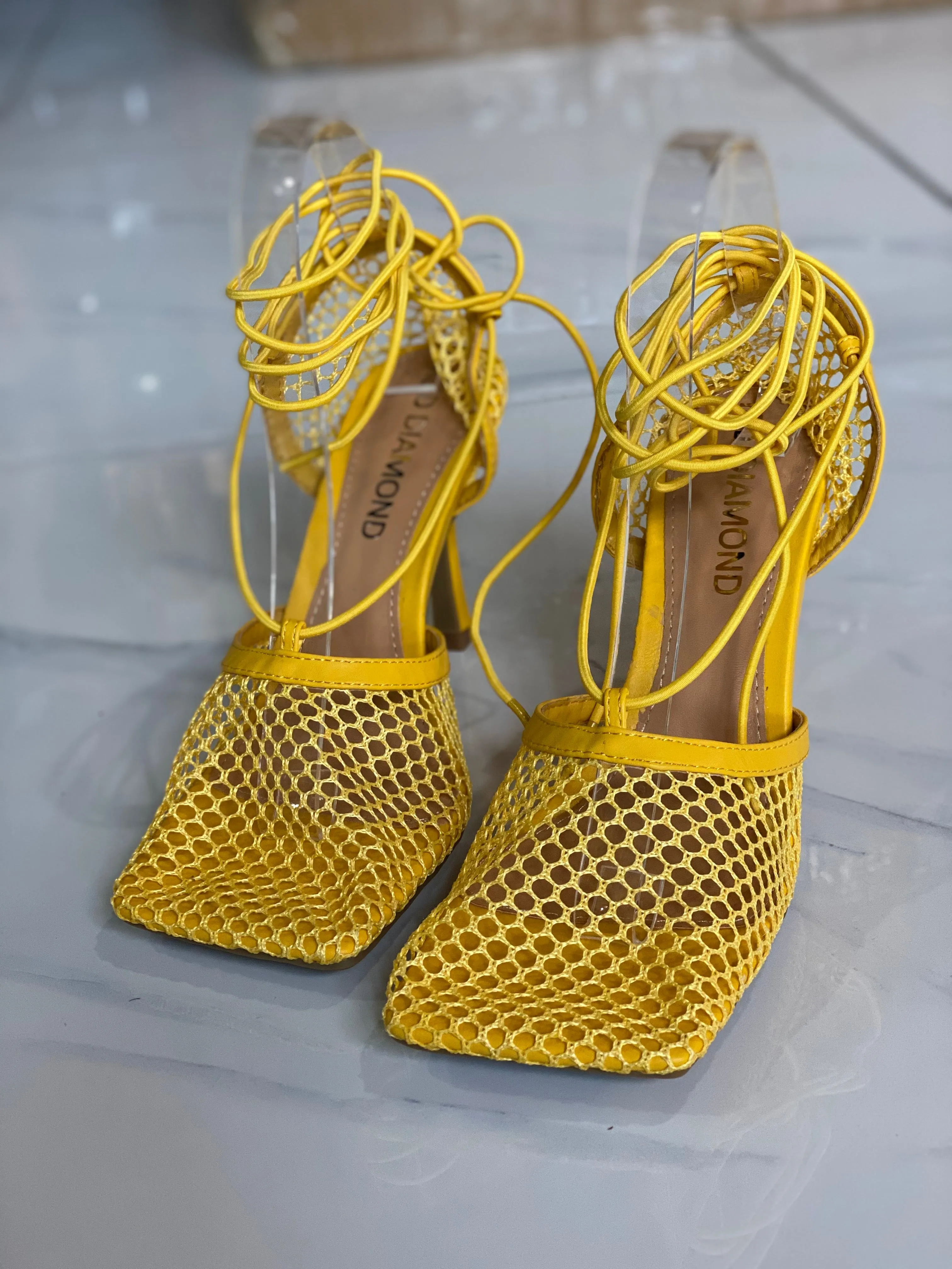 Mesh square lace-up high Yellow heels