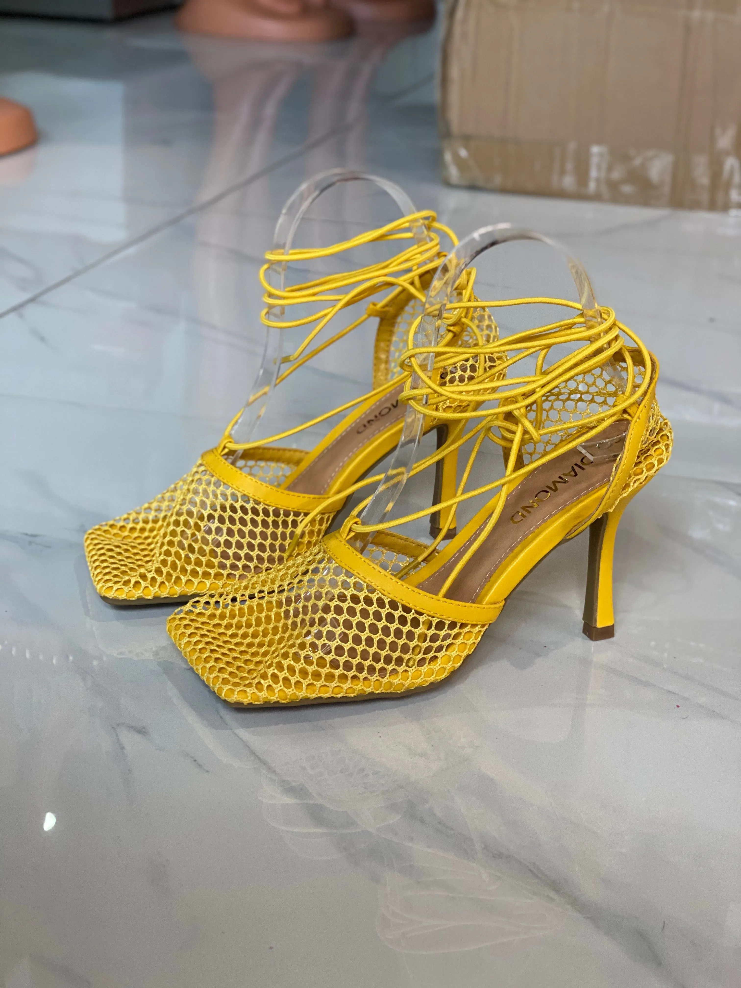 Mesh square lace-up high Yellow heels