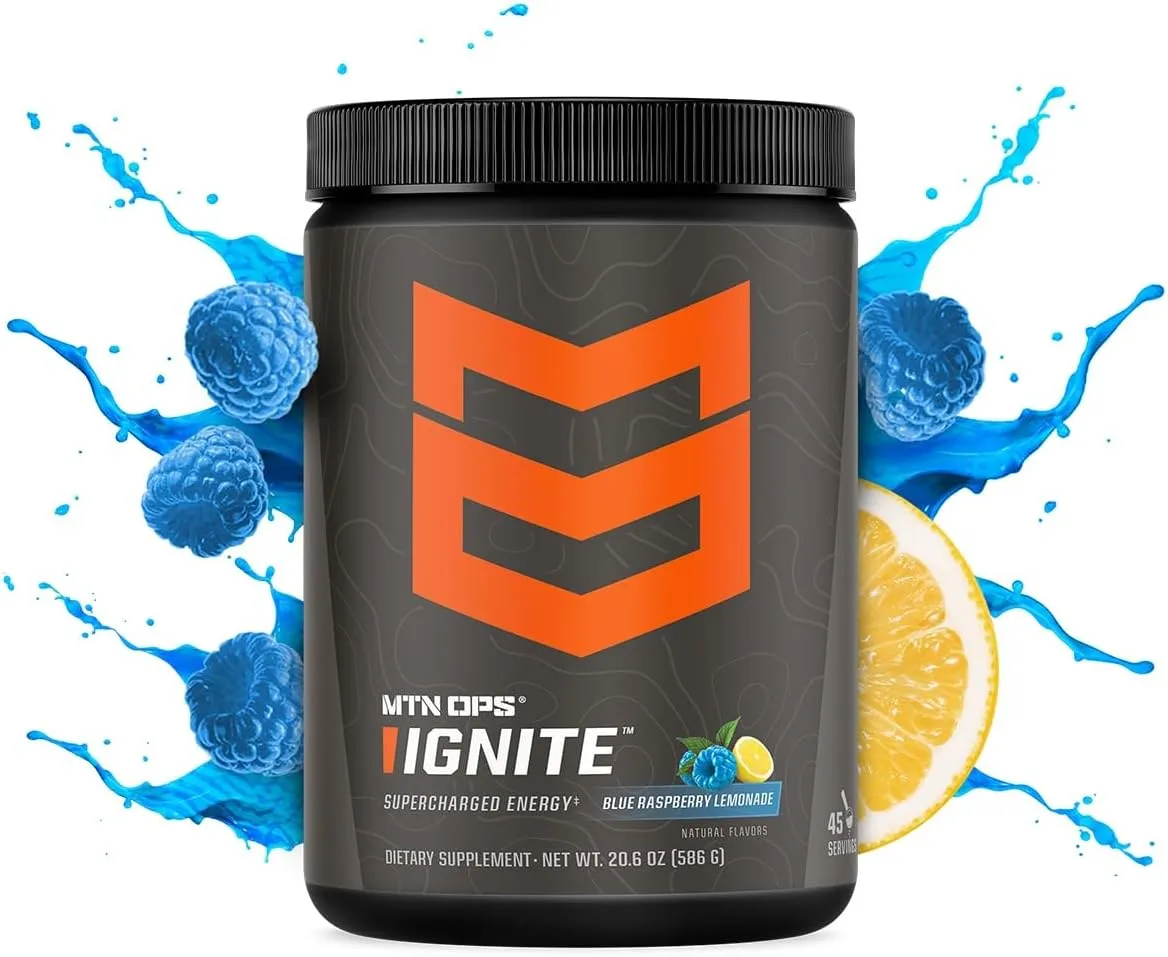 MTN OPS, Ignite Supercharged Energy Drink Mix 45-Serving Tub, Blue Raspberry Lemonade