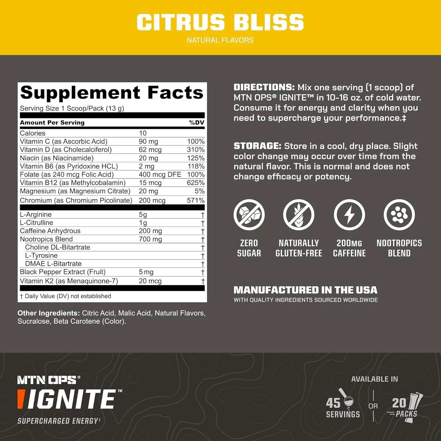 MTN OPS, Ignite Supercharged Energy Drink Mix 45-Serving Tub, Citrus Bliss