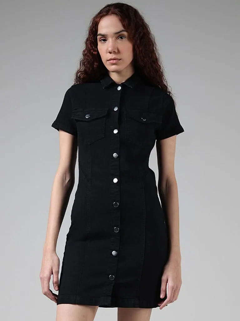 Nuon Solid Black Button Down Denim Dress