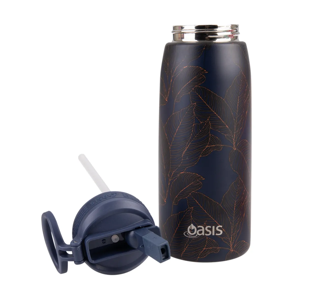 Oasis Insulated Sports Bottle with Sipper 780ml - Navy Leaves