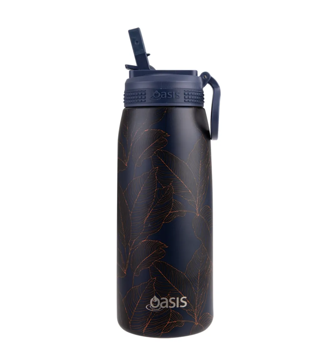 Oasis Insulated Sports Bottle with Sipper 780ml - Navy Leaves