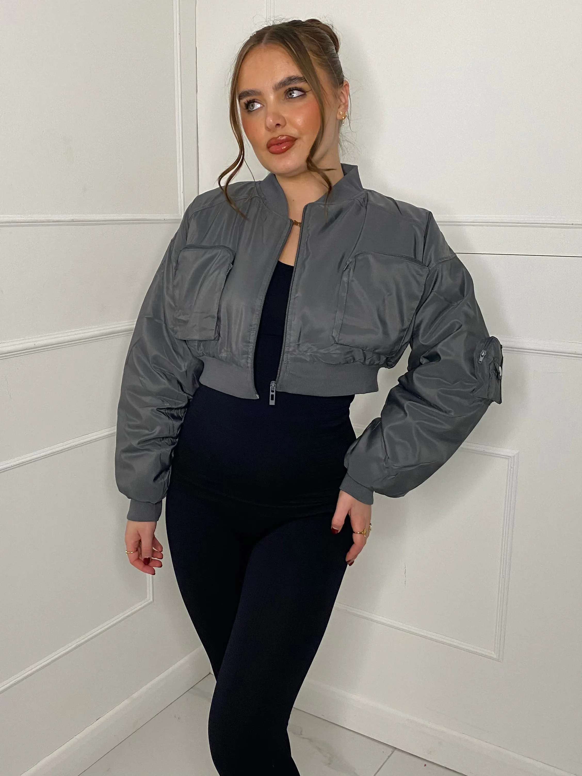 Pocket Detail Cropped Padded Bomber Jacket - Grey