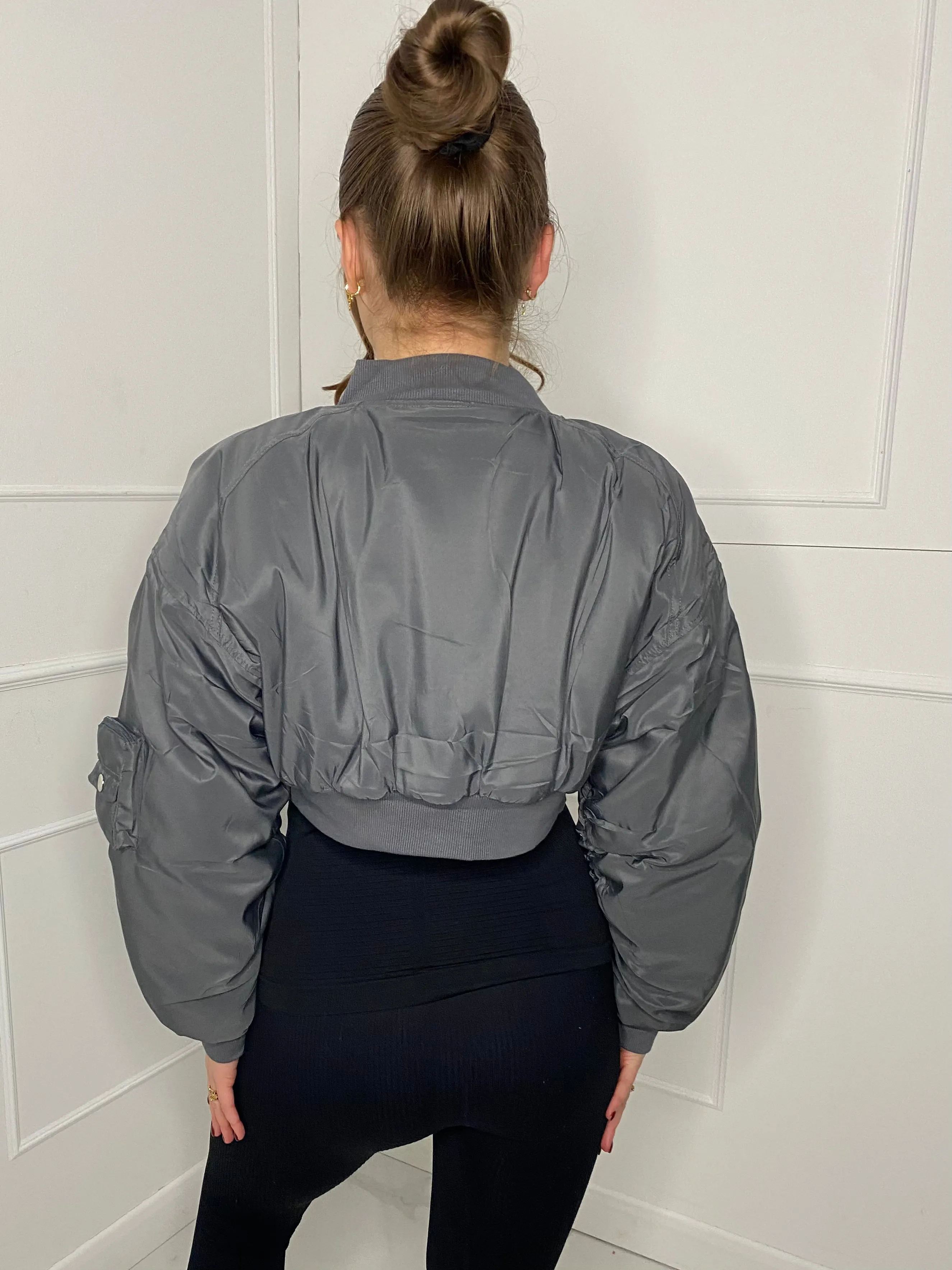 Pocket Detail Cropped Padded Bomber Jacket - Grey