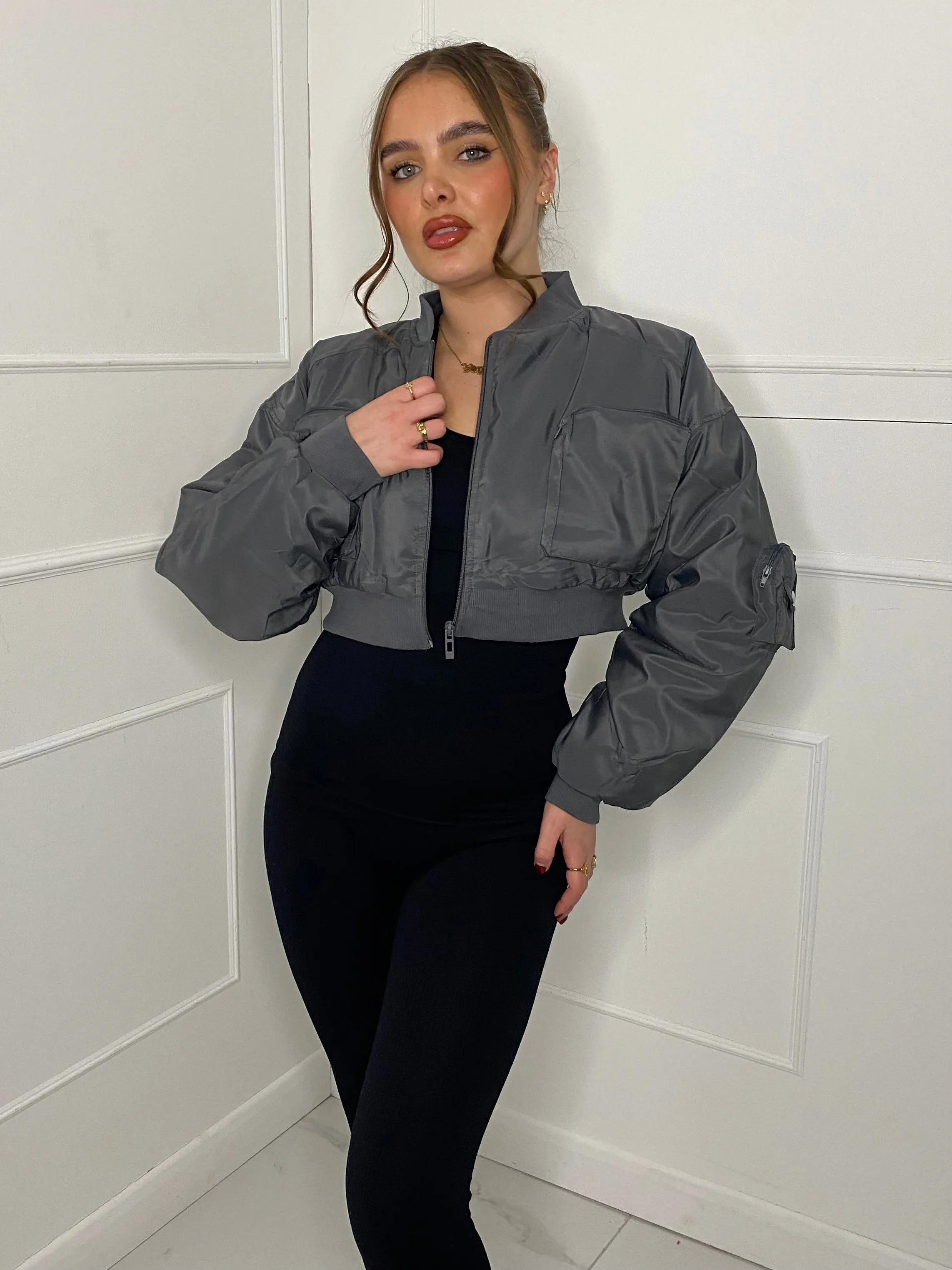 Pocket Detail Cropped Padded Bomber Jacket - Grey