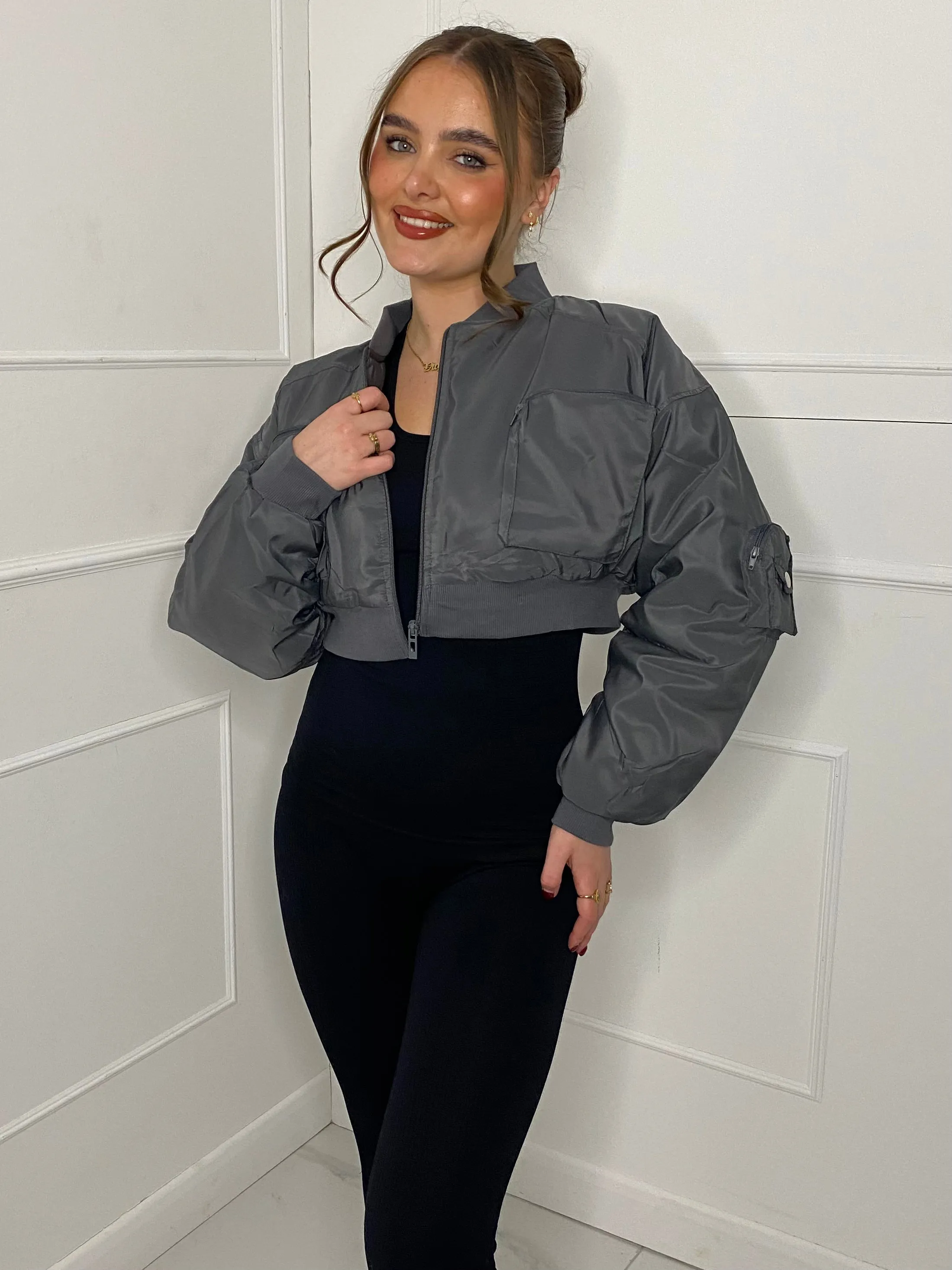 Pocket Detail Cropped Padded Bomber Jacket - Grey