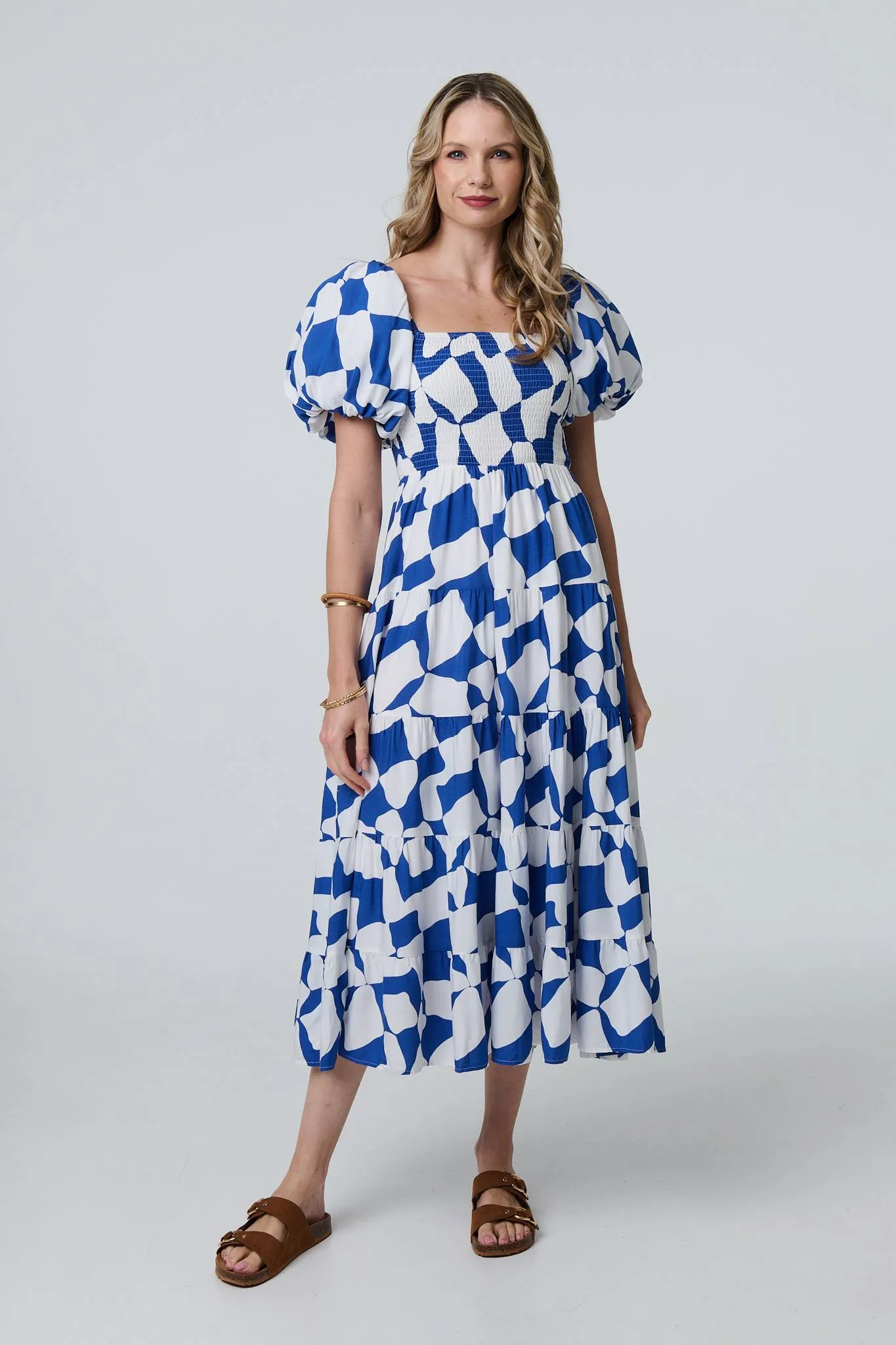 Printed Puff Sleeve Bardot Smock Midi Dress