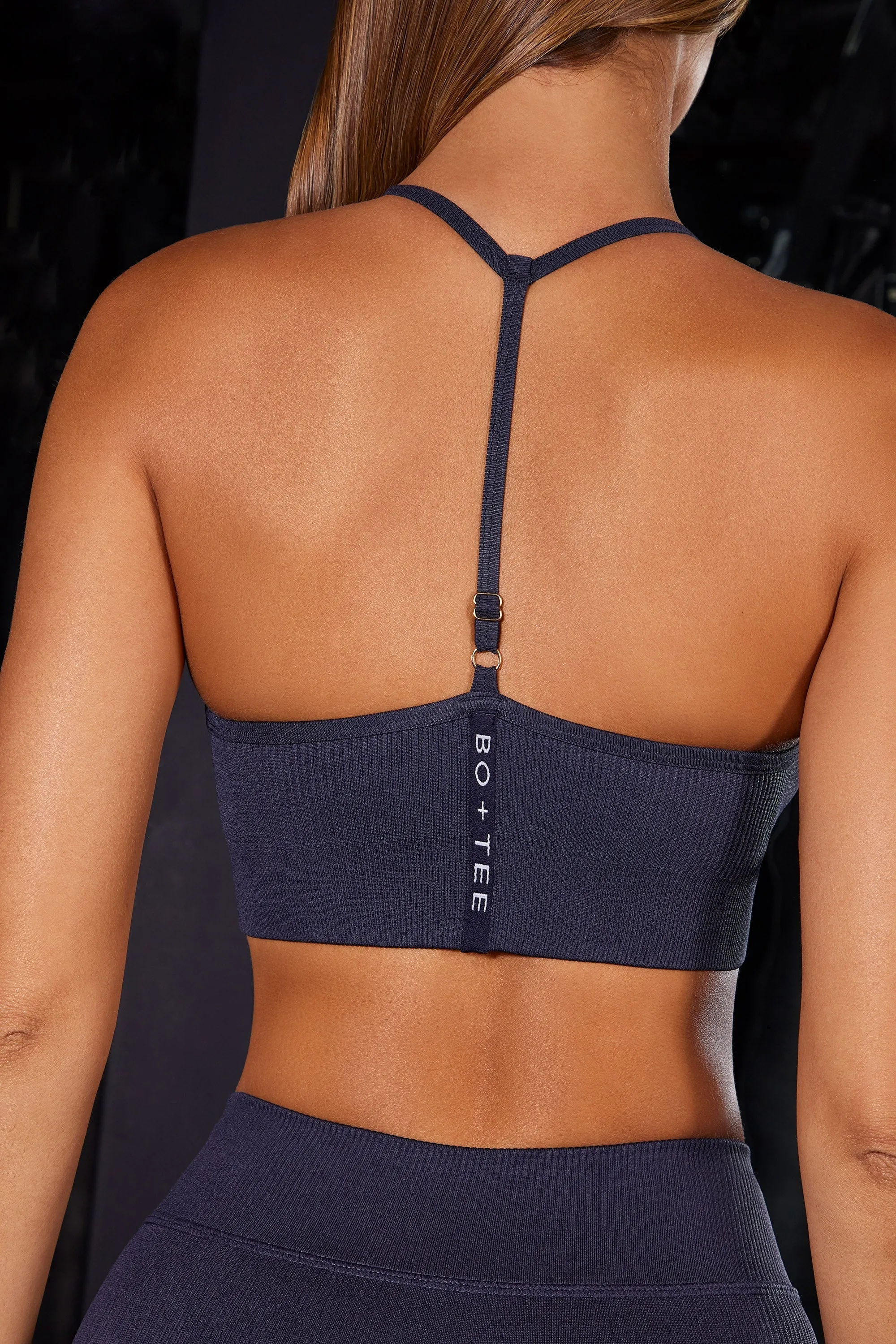 Scoop Neck Halter Sports Bra in Navy