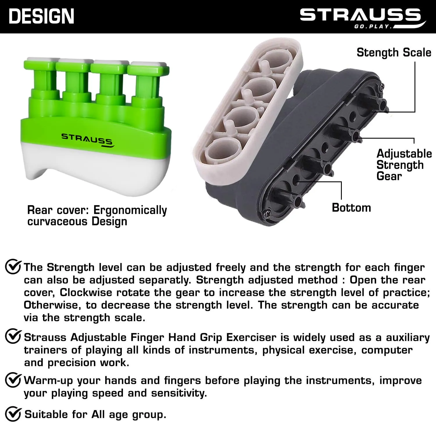 Strauss Adjustable Square Finger Hand Grip | Grip Strength Trainer & Finger Strengthener | Veins Strengthener & Forearm Grip Resistance Trainer | Hand Gripper for Men and Women,(Green)