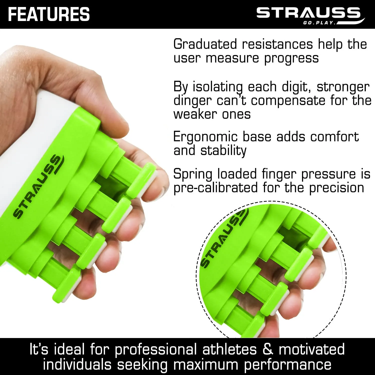 Strauss Adjustable Square Finger Hand Grip | Grip Strength Trainer & Finger Strengthener | Veins Strengthener & Forearm Grip Resistance Trainer | Hand Gripper for Men and Women,(Green)