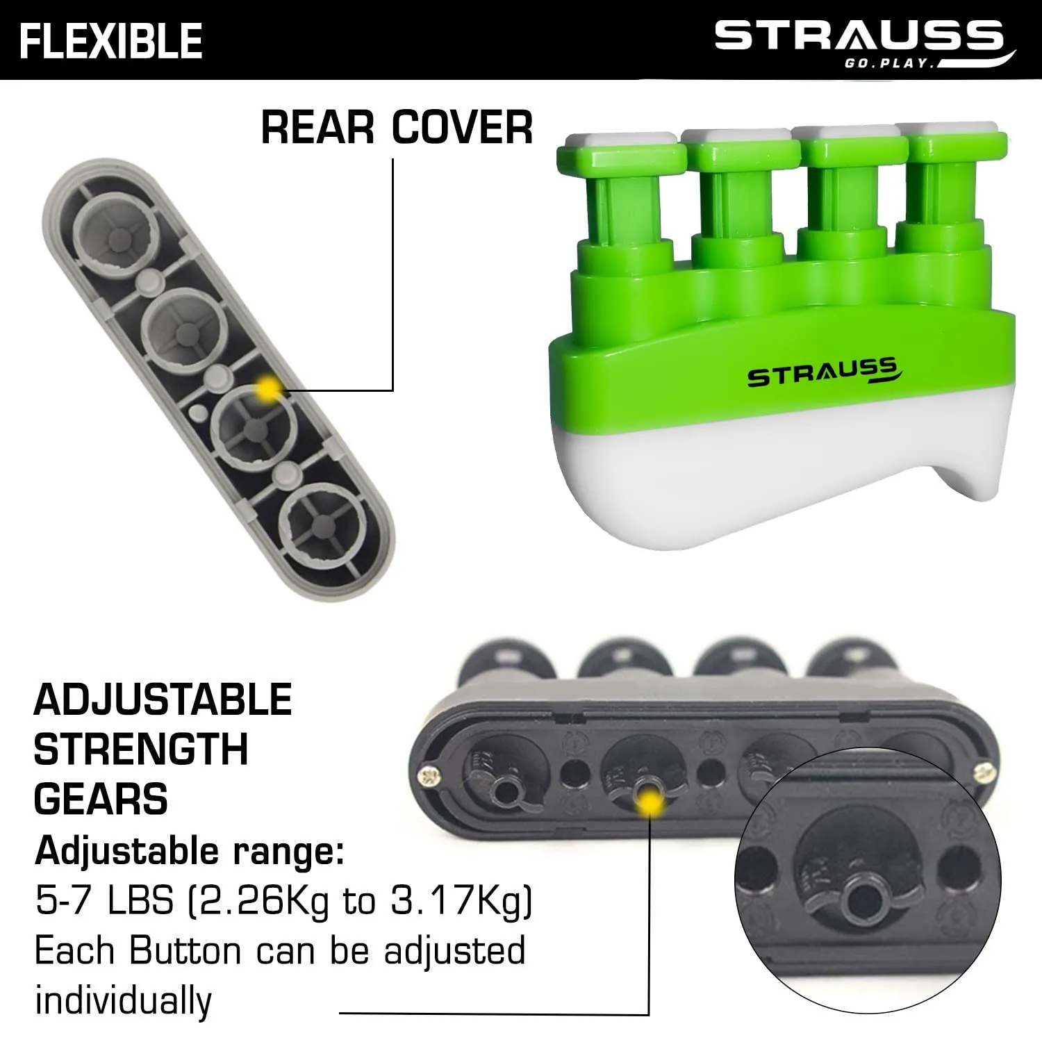 Strauss Adjustable Square Finger Hand Grip | Grip Strength Trainer & Finger Strengthener | Veins Strengthener & Forearm Grip Resistance Trainer | Hand Gripper for Men and Women,(Green)