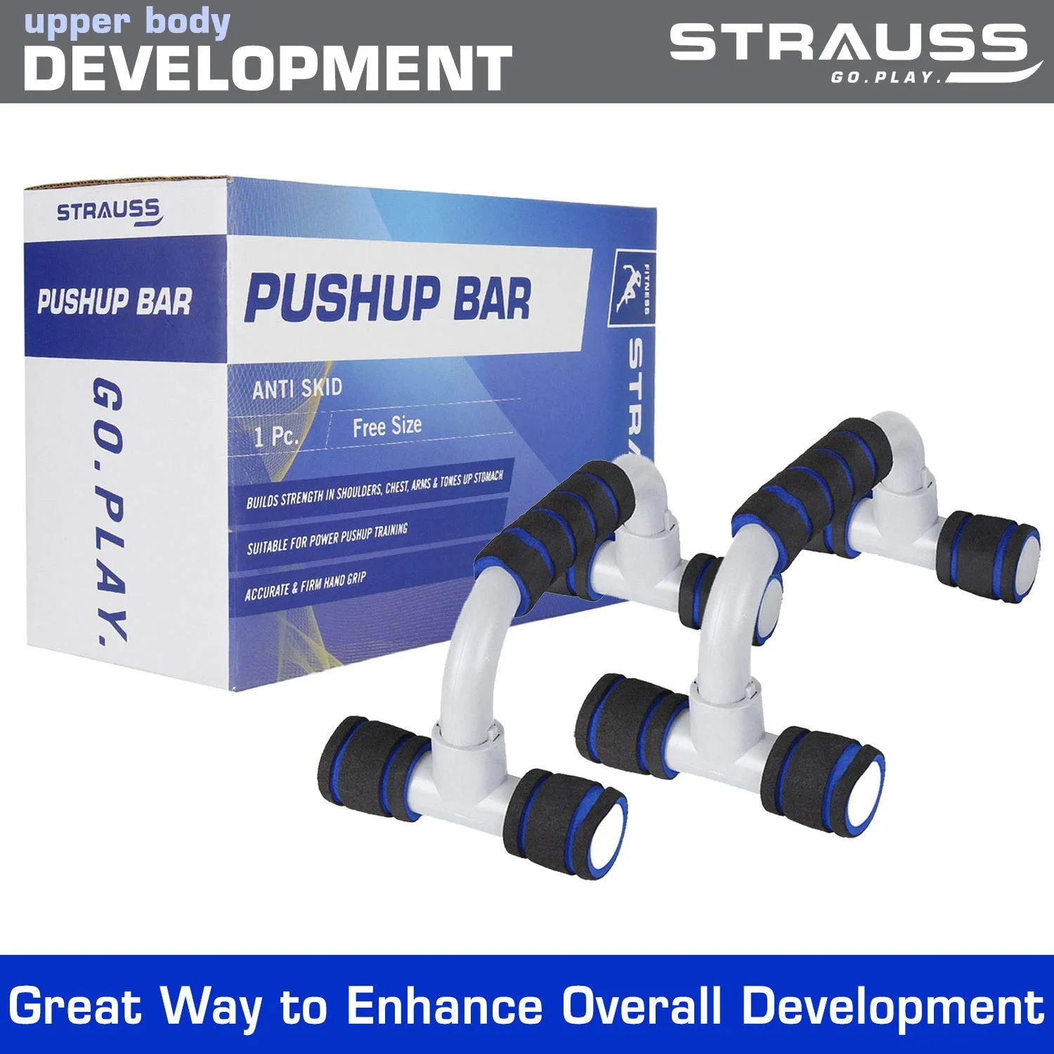 Strauss Moto Push Up Bar, Pair (Black/Blue), Foam Jump Rope (Blue/Black)