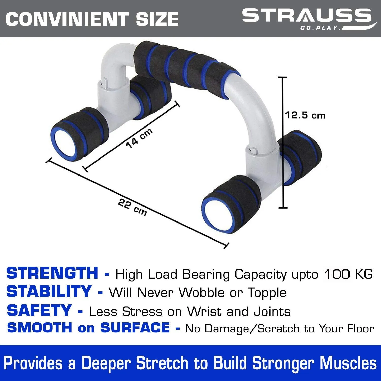 Strauss Moto Push Up Bar, Pair (Black/Blue), Foam Jump Rope (Blue/Black)