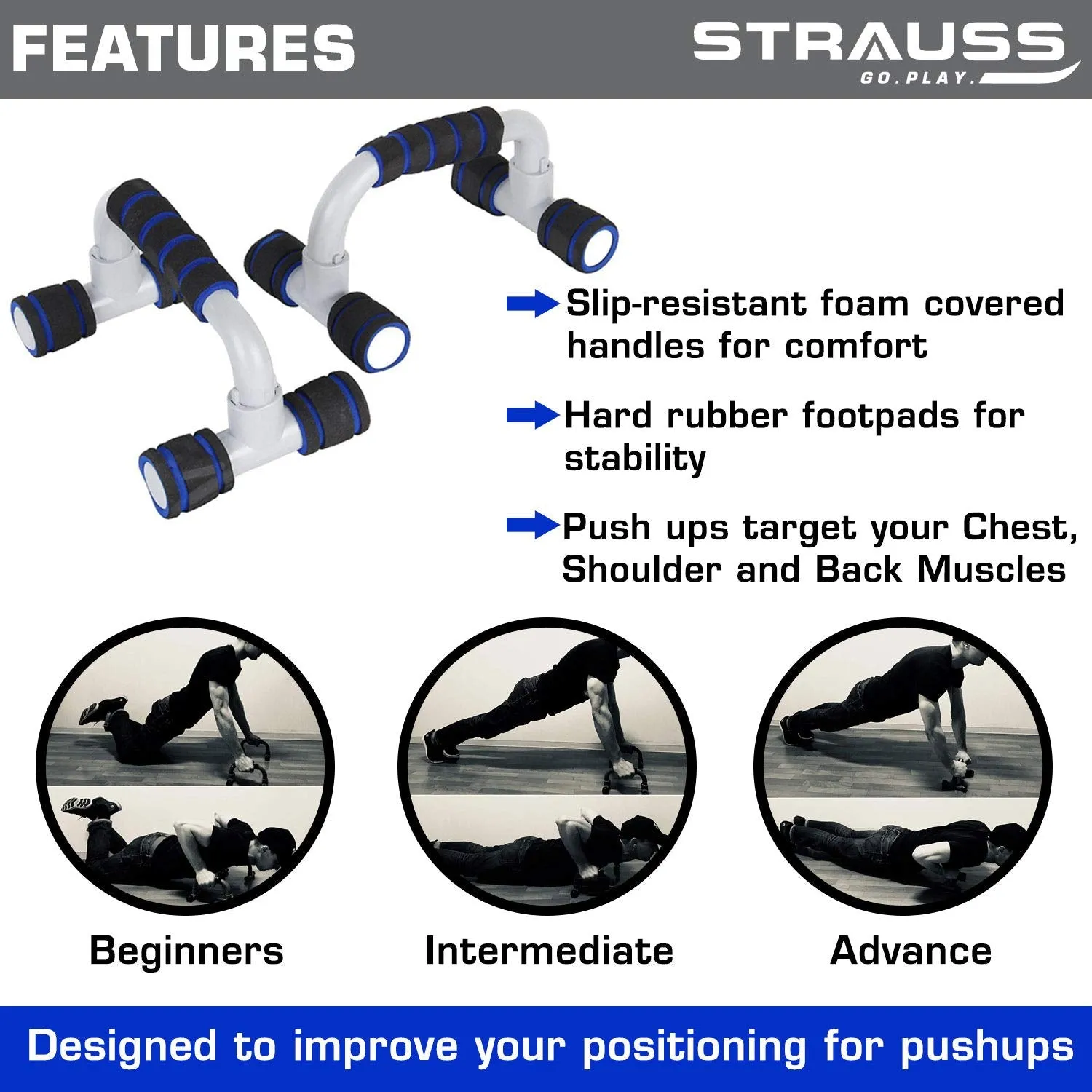 Strauss Moto Push Up Bar, Pair (Black/Blue), Foam Jump Rope (Blue/Black)