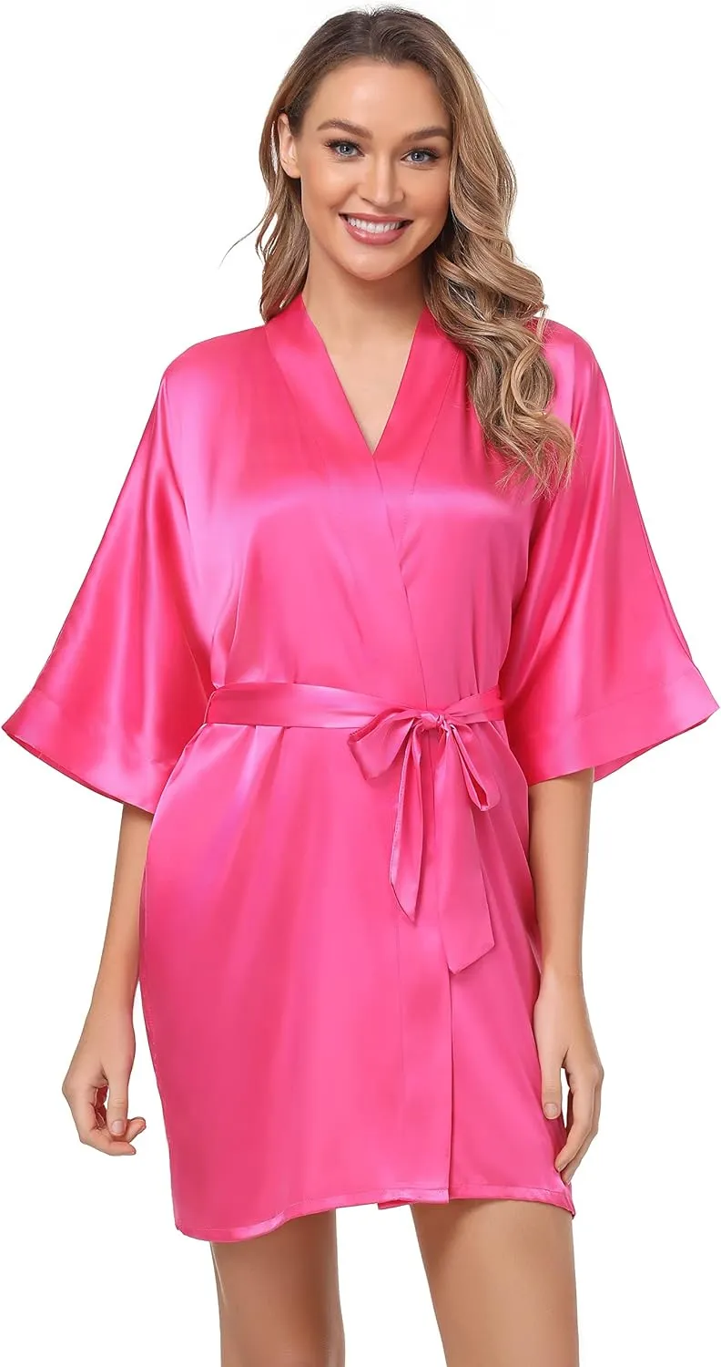 The Bund Women's Satin Robes Bride Bridesmaid Lace Short Silk Wedding Party Lightweight Bathrobe Soft Sleepwear S-XXXL