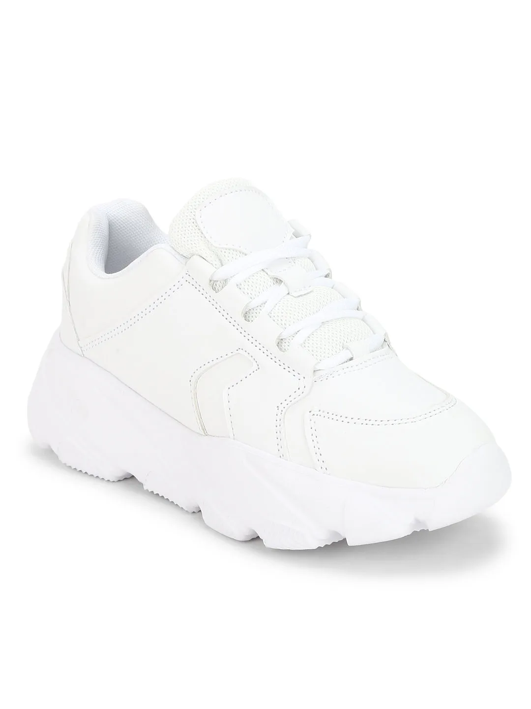 Total White Cleated Bottom Lace-Up Chunky Sneakers