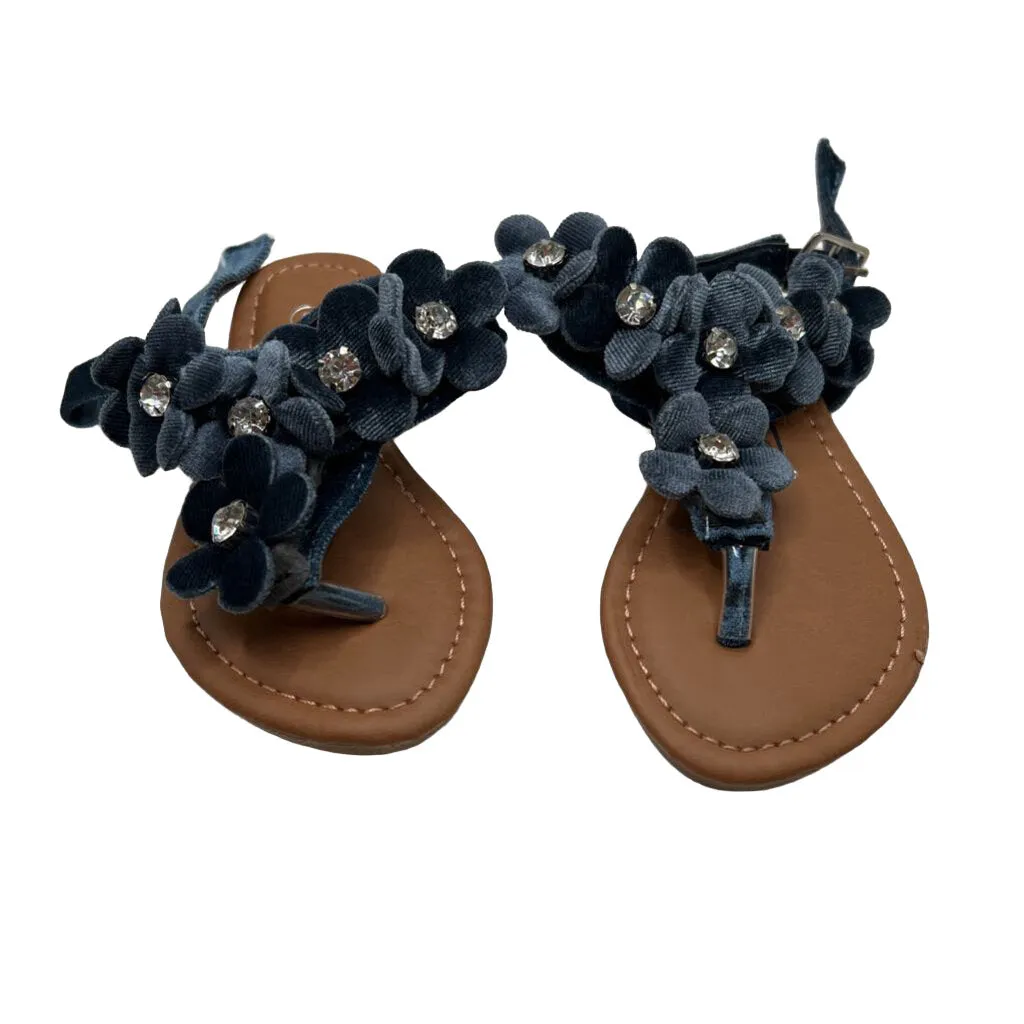 Velvet Strap Sandal / Flowers   Rhinestones