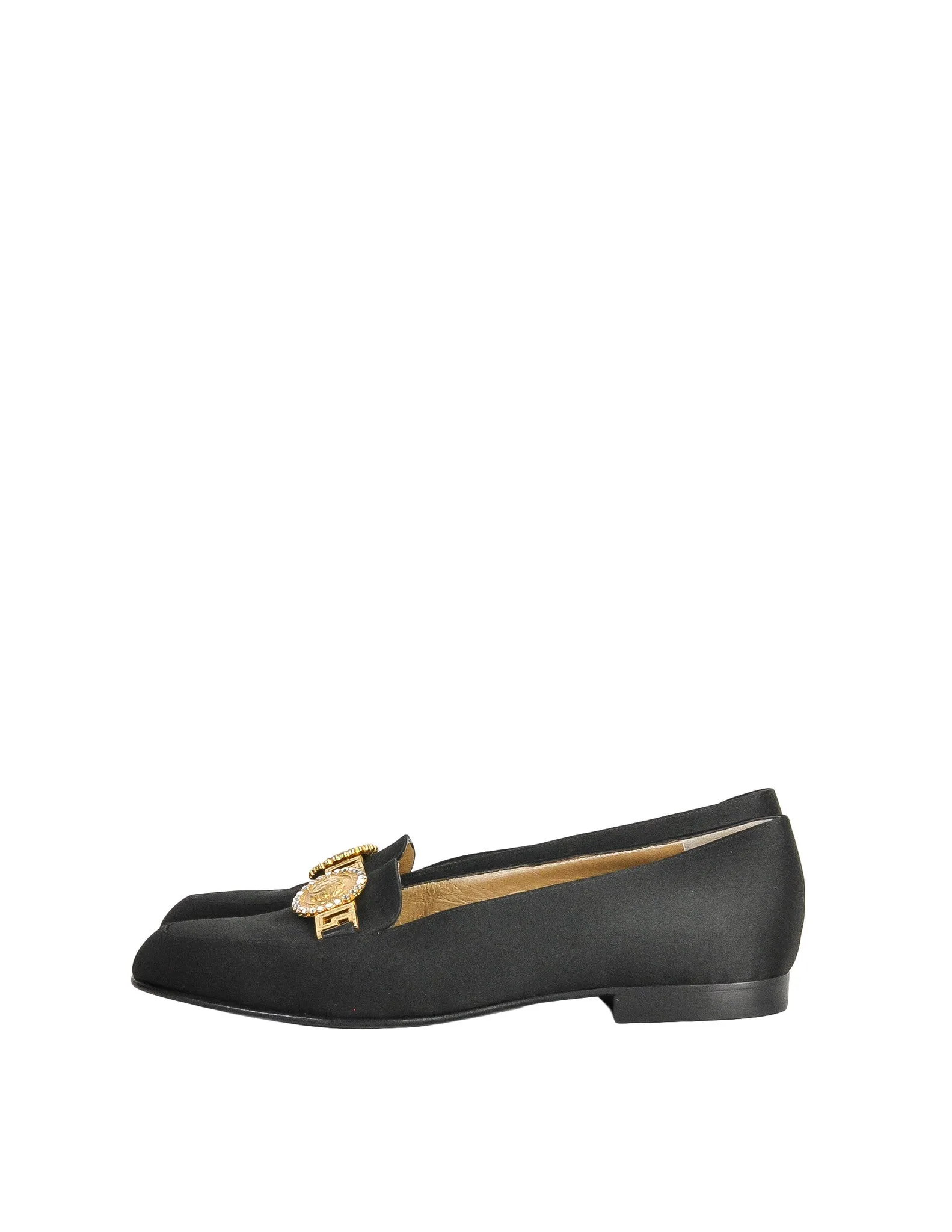 Versace Vintage Black Satin Medusa Loafers