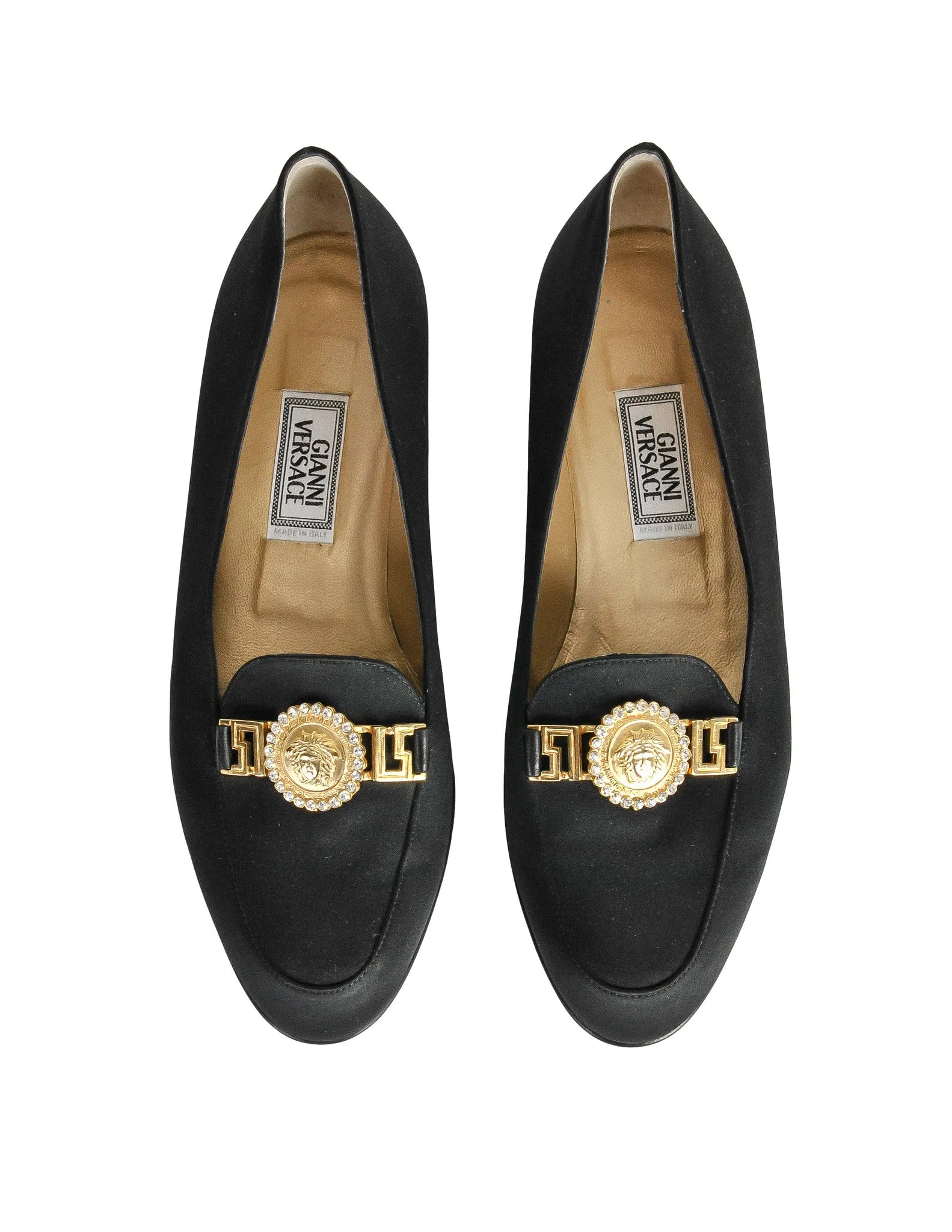 Versace Vintage Black Satin Medusa Loafers