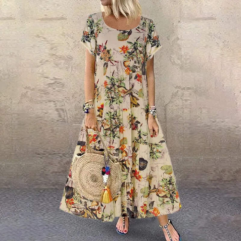 Vintage Cotton Linen Floral Print Short Sleeve Crew Neck Dress