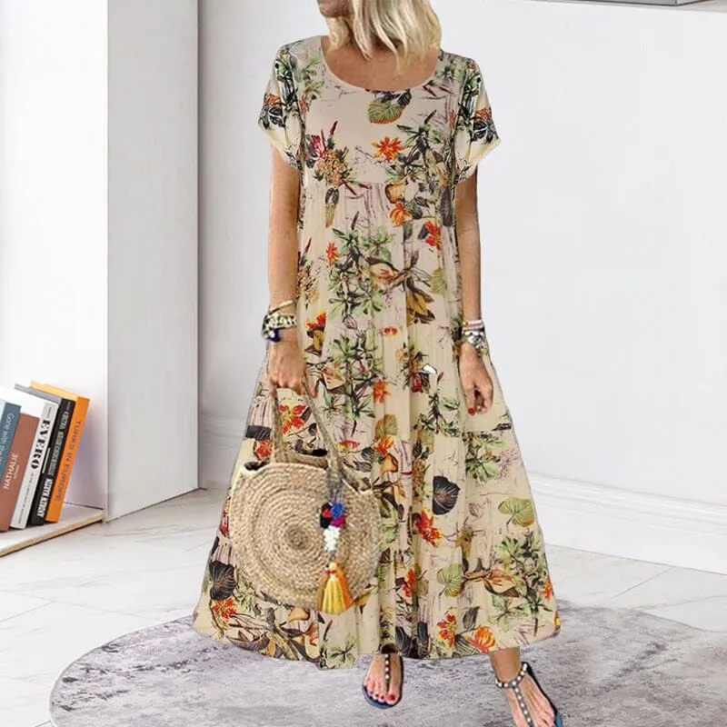 Vintage Cotton Linen Floral Print Short Sleeve Crew Neck Dress