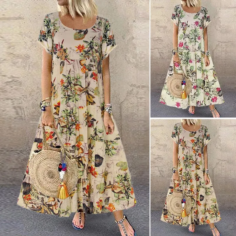 Vintage Cotton Linen Floral Print Short Sleeve Crew Neck Dress