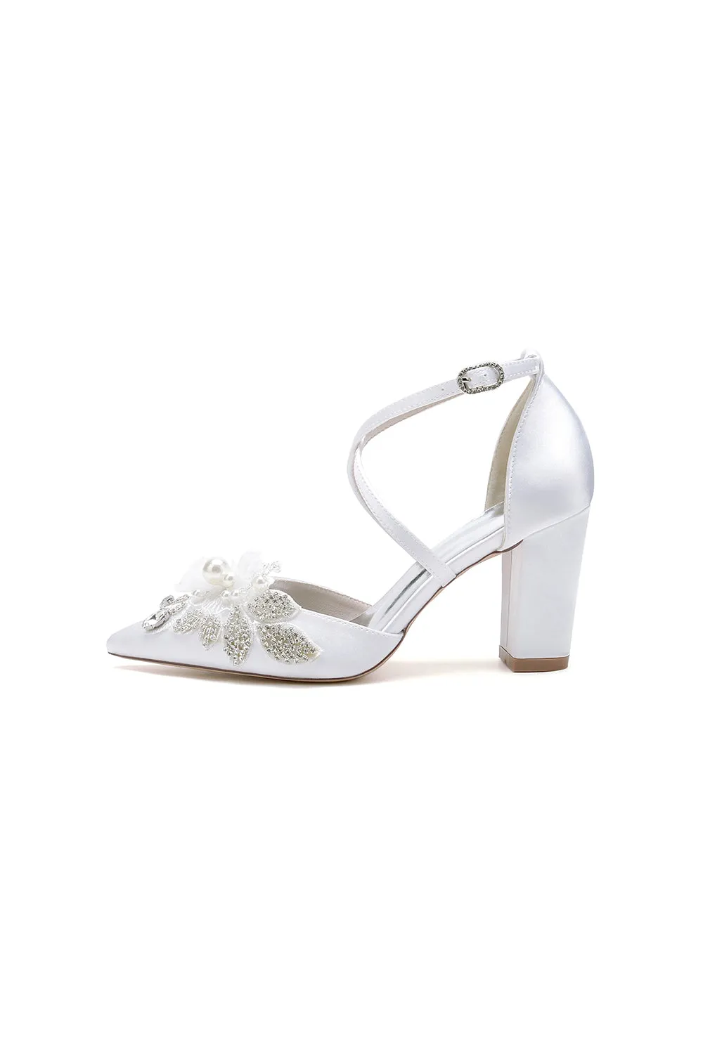 White Silk Pump with Handcrafted Flower and Crystal Embellishments