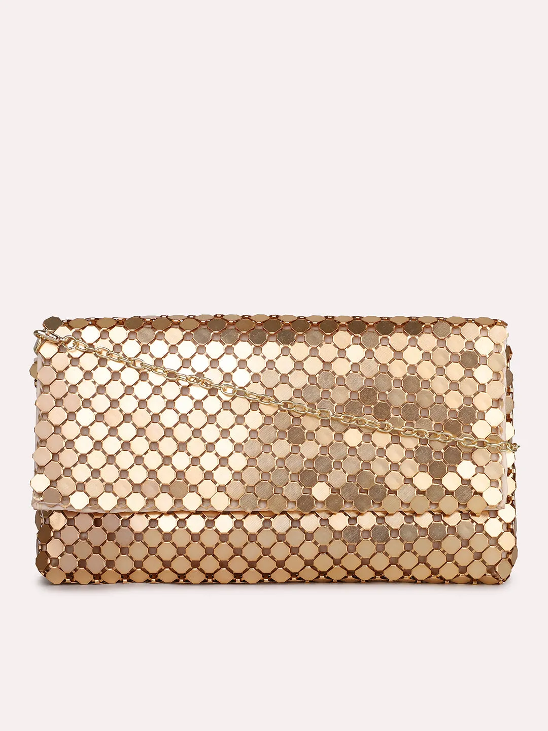 Women Rose Gold Dual Toned Embellished Foldover Clutch