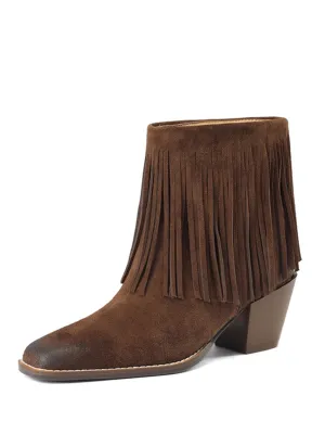 Women's Fringe Pointed Toe Solid Color Chunky Heel Leather Boho Boots