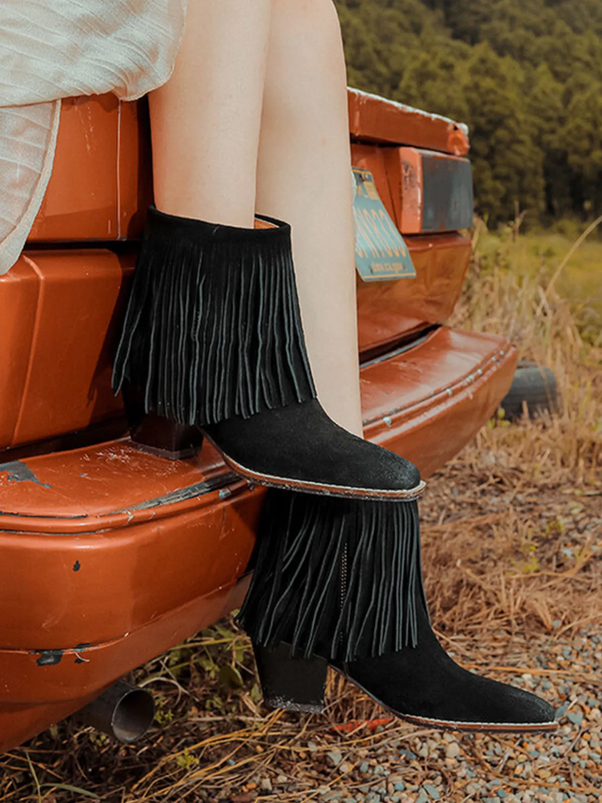 Women's Fringe Pointed Toe Solid Color Chunky Heel Leather Boho Boots